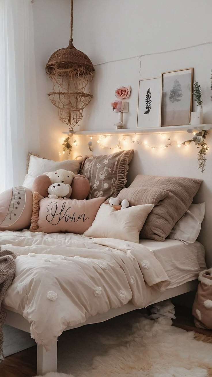 a white bed topped with lots of pillows next to a window covered in fairy lights