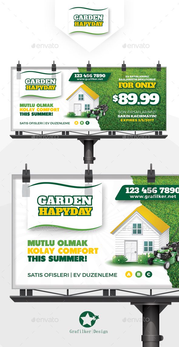 three billboards with green grass and white houses on them - signage print templates