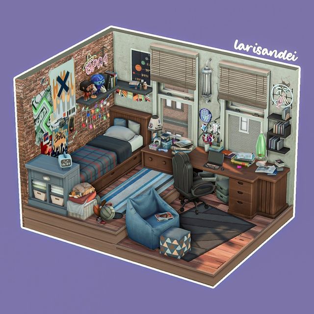 this is an image of a bedroom in the style of cartoonism with furniture and decor