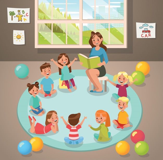 a group of children sitting in a circle with an adult reading a book to them