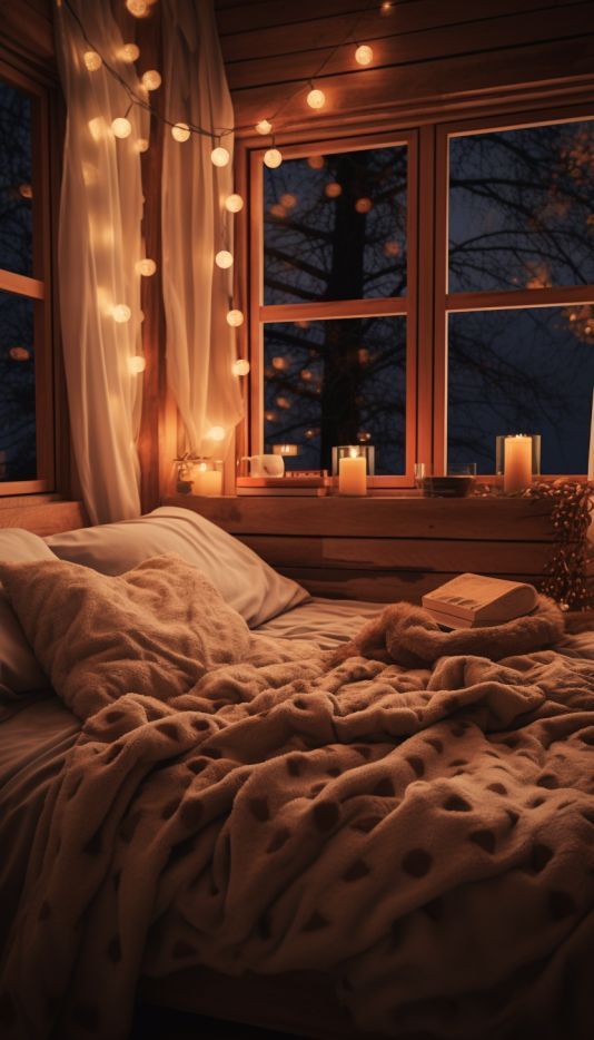 an unmade bed in front of a window with lights hanging from the windowsill