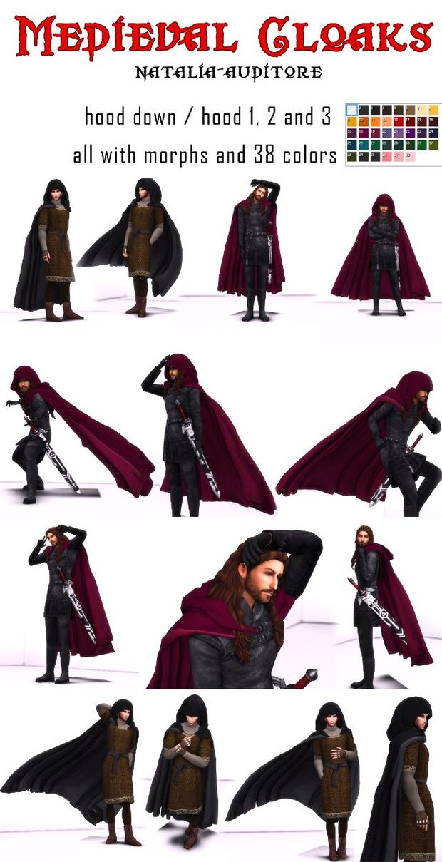 several different images of people dressed in medieval clothing and capes, with text that reads medieval cloaks