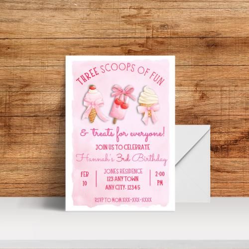 a pink birthday card with two cookies on it and the words, three scoops of fun