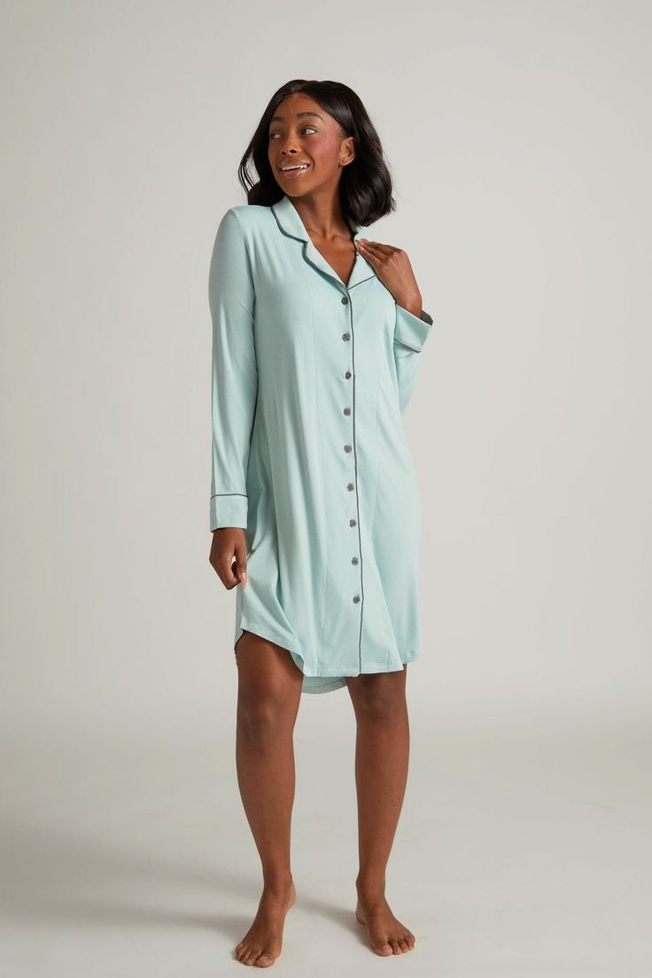 This coziest-of-cozies women's bamboo nightshirt will make your boyfriend's button-down shirt a thing of the past! Loose fit with a fashionable scooped shirttail in the back for more coverage. The details count - we’ve included a light lining in the chest – not a bra, just a little extra love. Finished with delicate piping along the cuffs and front placket. Relax into this Boyfriend, get ready for love at first sight. Delicate satin piping on the cuffs and front placket. Extra lining in the ches House Essentials, Weekend Work, Ready For Love, Big Bust, Earl Gray, Fine Yarn, Fabulous Fabrics, Love At First, Night Shirt