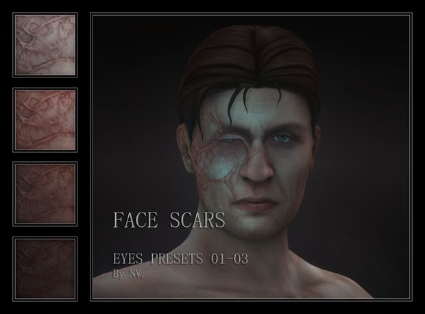 an image of a man with face scars on his face and eyes in different colors