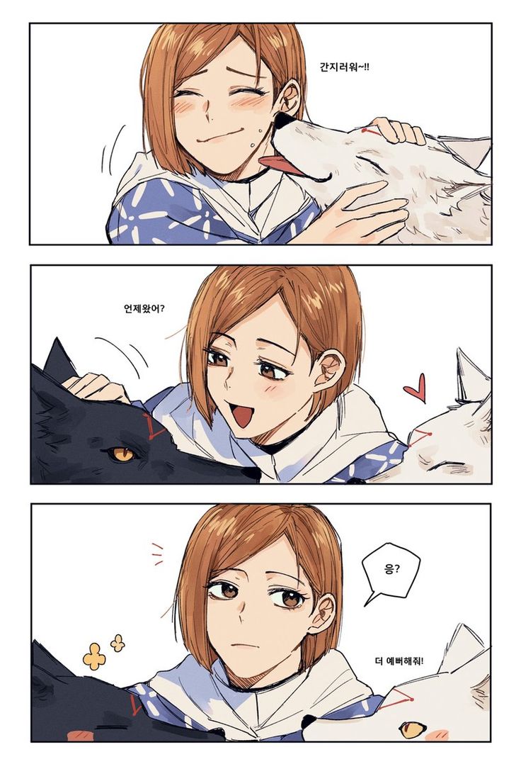 an anime comic strip with two pictures of the same person and one is holding a cat