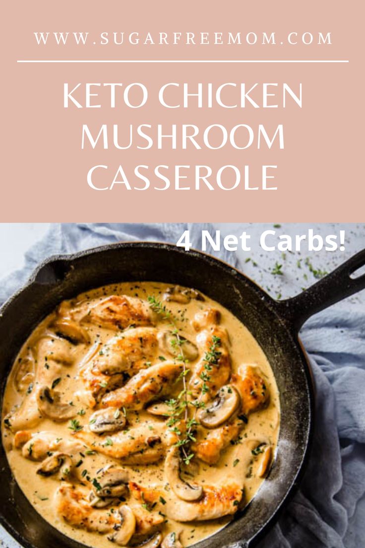 chicken mushroom casserole in a skillet with text overlay that reads, keto chicken mushroom casserole