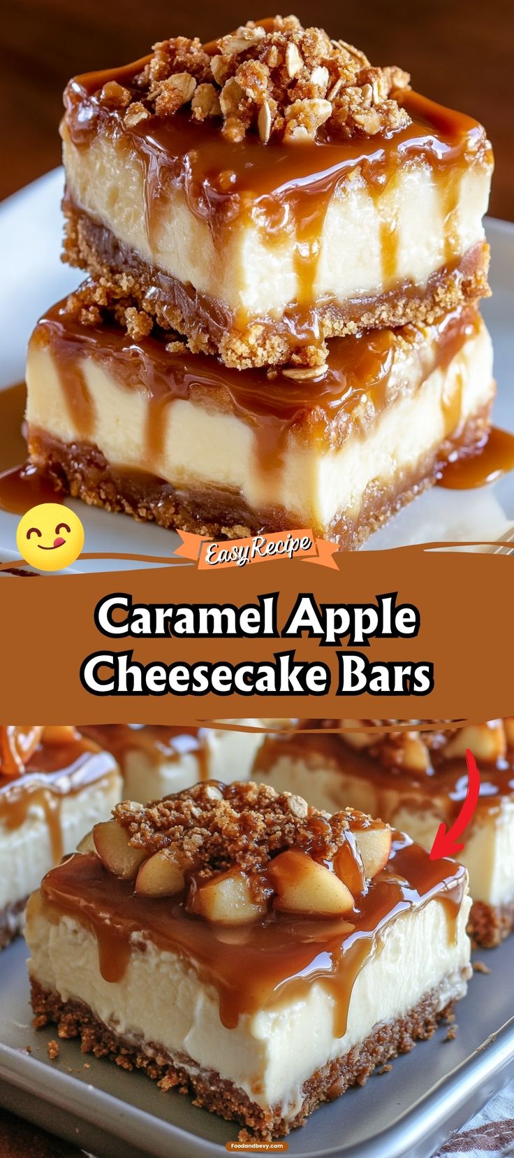 caramel apple cheesecake bars stacked on top of each other