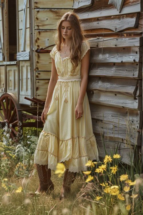 115+ Stunning Sundresses with Cowboy Boots Outfits for Your Western Wardrobe - From The Guest Room Cottagecore Western Outfits, 70s Cowboy Boots, Southern Chic Outfits, Country Dress, Cowgirl Dress, Country Western Dresses, Country Style Dresses, Cowgirl Boots Wedding, Sundress Outfit