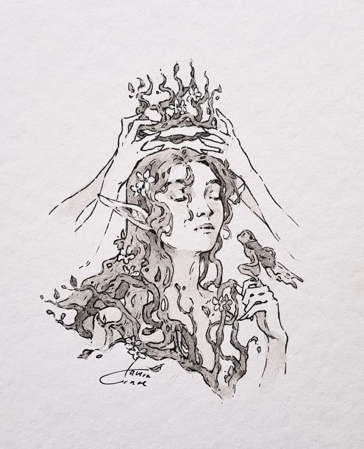 a drawing of a woman with a crown on her head and hands above her head