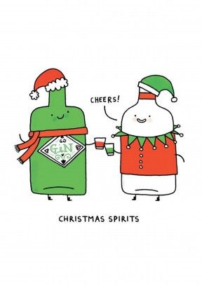 two cartoon characters wearing christmas hats, one is holding a beer and the other has a green bottle