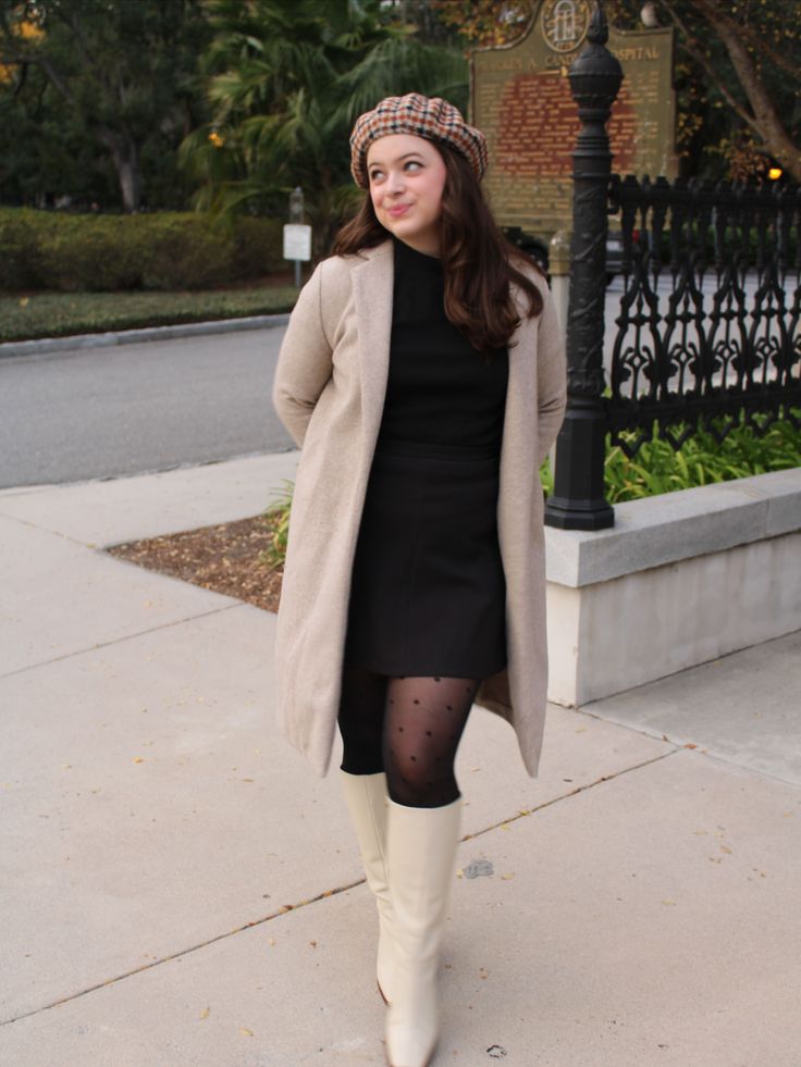 Brown check beret, nude wool coat black mini dress, black polka dot tights, and cream leather go go boots from Alohas Wool Coat Black, Sheer Black Tights, Go Go Boots, Cream Boots, Polka Dot Tights, All Black Looks, Gogo Boots, Sheer Tights, Black Tights