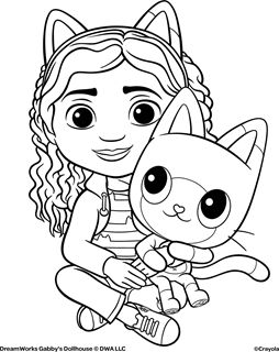 a girl holding a cat with her hand on her shoulder coloring pages for kids, printable