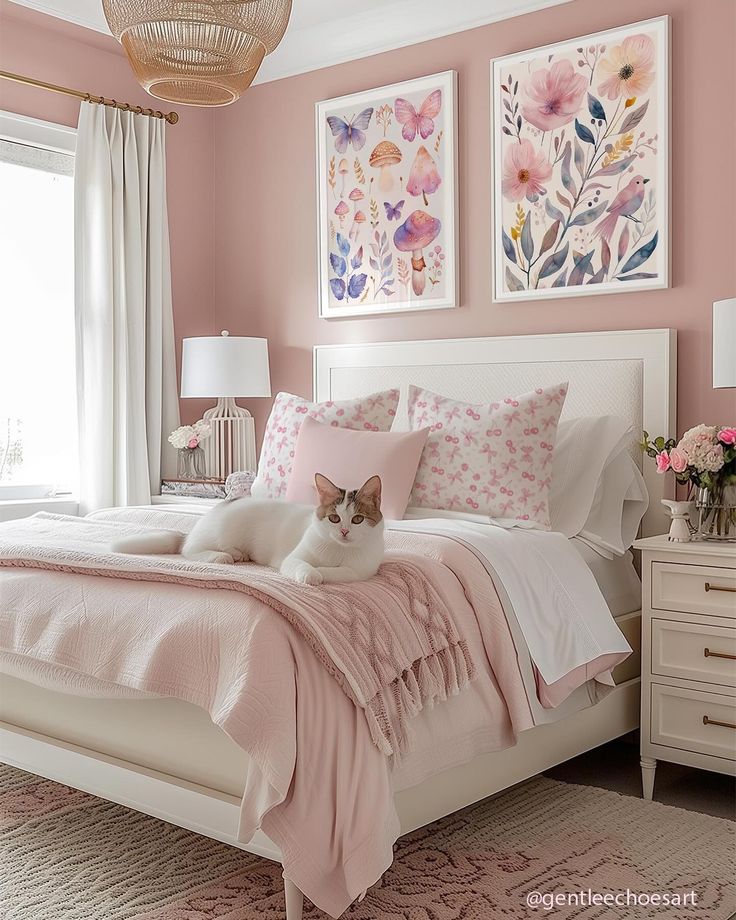 a cat laying on top of a white bed in a room with pink walls and curtains