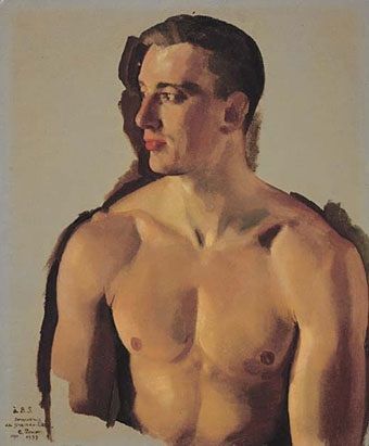 a painting of a man with no shirt on