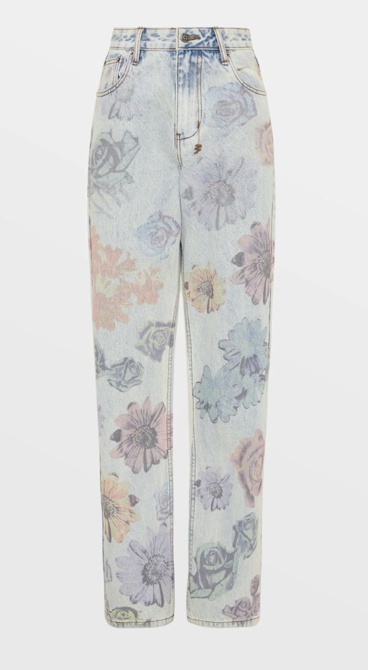 Relaxed Fit Floral Print Jeans, Relaxed Fit Floral Print Denim Jeans, Relaxed Fit Floral Print Jeans In Denim, Straight Leg Jeans With Graphic Print For Spring, Straight Leg Graphic Print Jeans For Spring, Relaxed Fit Bottoms With All Over Print For Spring, Spring Floral Print Straight Leg Jeans, Trendy Denim Jeans With Floral Print, Casual Floral Print Denim Blue Jeans