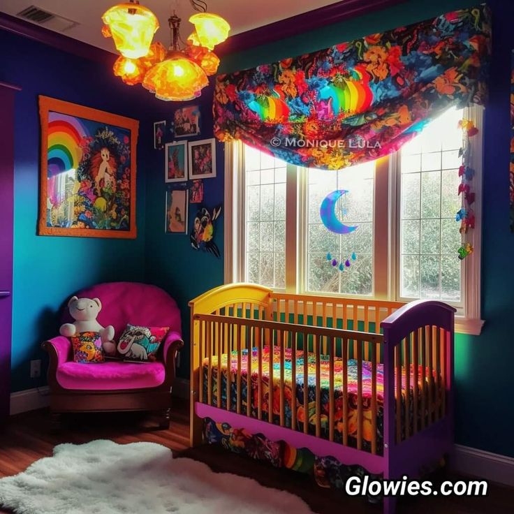 a baby's room decorated in bright colors