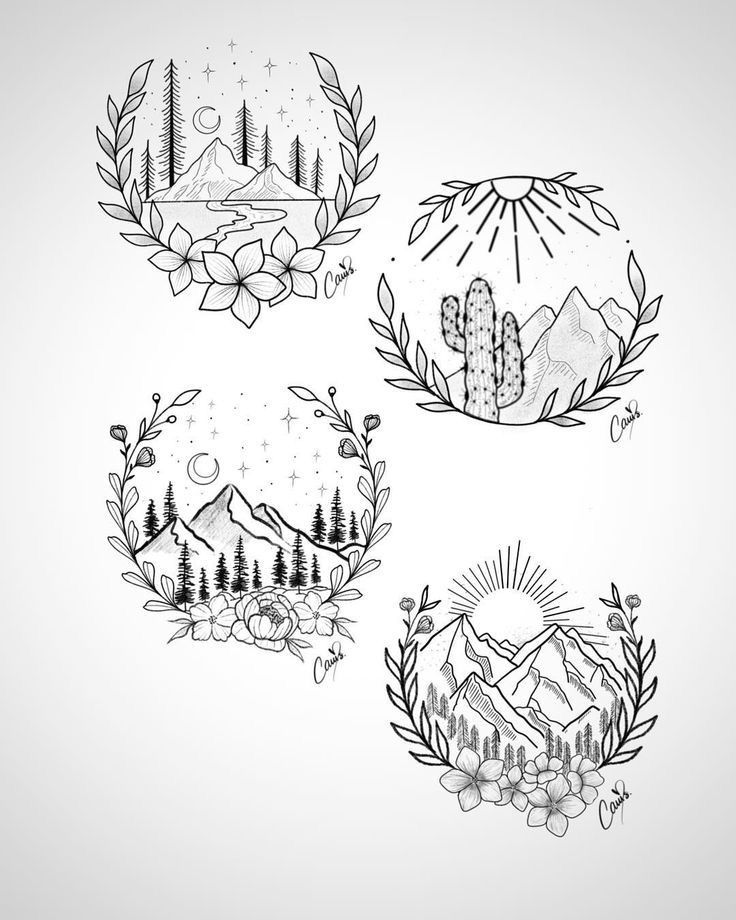 four different tattoo designs with mountains and trees in the background, one is black and white