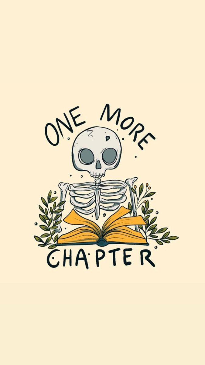 a skeleton reading a book with the words one more charter on it's cover