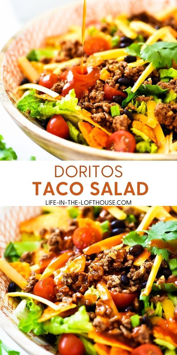 two pictures of taco salad with lettuce and tomatoes