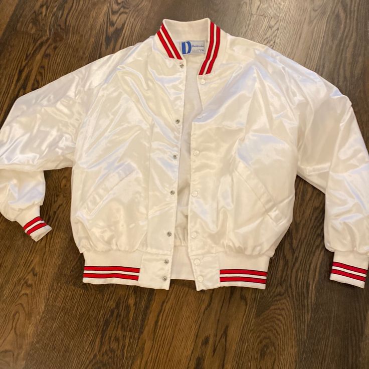 Mens New Old School Baseball Jacket. Very Retro And Cool Never Worn!! Retro White Varsity Jacket For Spring, Classic White Varsity Jacket For Winter, White Varsity Windbreaker For College, Casual White Windbreaker For College, Casual White College Windbreaker, White Varsity Jacket For Sports In Spring, White Varsity Jacket For Spring Sports, White Spring Varsity Jacket For Sports, White College Track Jacket