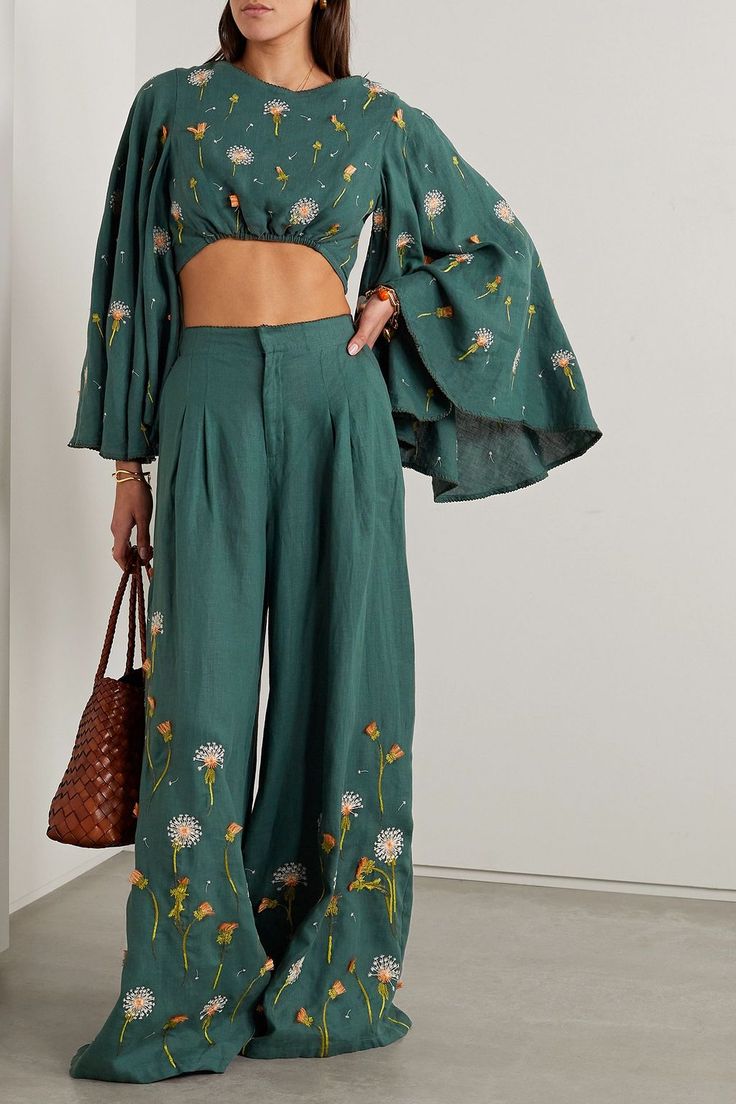 Net Sustain, Shein Outfits, Embroidered Linen, Wide Leg Linen Pants, Linen Top, Cropped Top, Look Cool, Net A Porter, Colorful Flowers