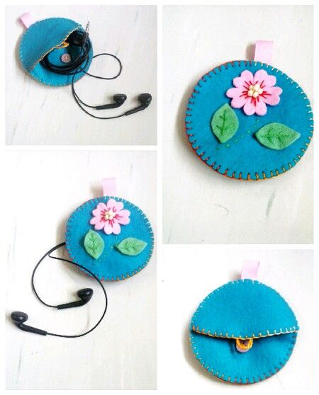 four images show the process of making a felt flower headphone holder with ear buds