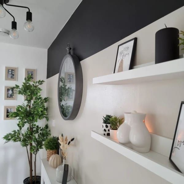 a white shelf with some plants and pictures on it's wall above the shelves