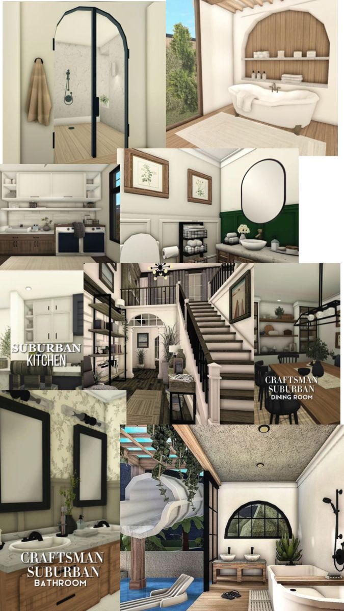 a collage of photos showing different rooms and stairs