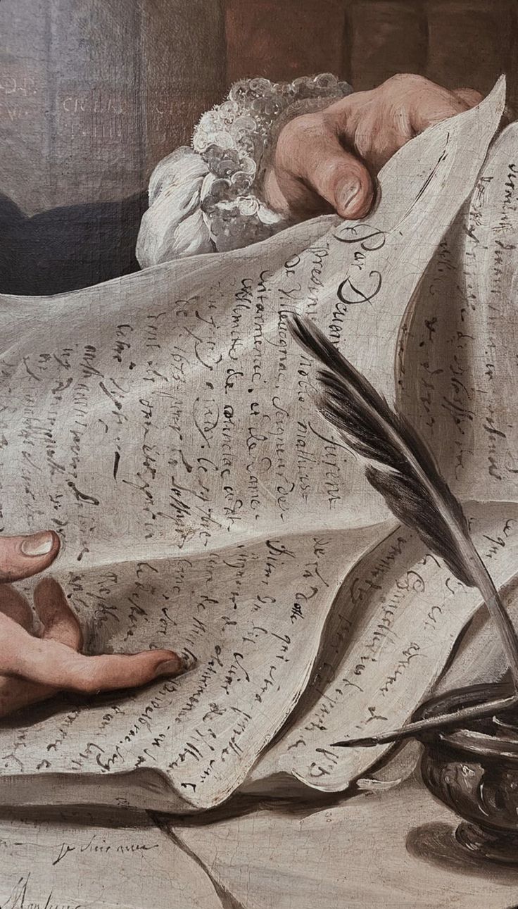 an old painting with writing on it and two hands holding a piece of paper that has been folded over