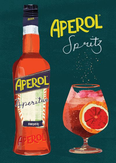 a bottle of aperol spritz next to a glass with a drink in it