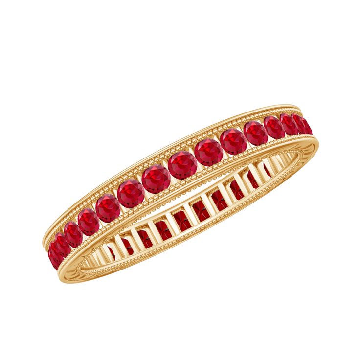 Channel Set Round Created Ruby Eternity Ring with Gold Beaded Lab Created Ruby - ( AAAA ) - Quality - Rosec Jewels Ruby Eternity Ring, Ruby Set, Channel Setting, Full Eternity Ring, Signature Jewelry, 18k Yellow Gold Ring, Timeless Jewelry, Channel Set, Ruby Gemstone