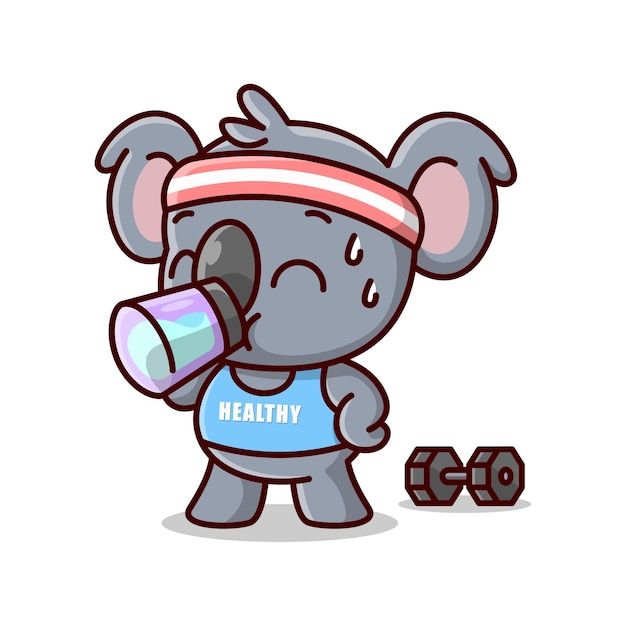 an elephant with a headband on drinking from a bottle next to two dumbs