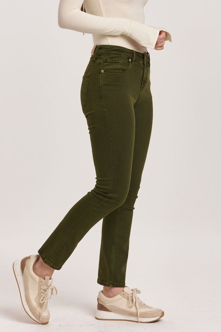 Mid rise slim straight leg jeans. The standout fit that comfortably rests slightly lower on the waist, shaping up effortlessly from the hip to mid thigh. Full inseam on stretch denim with designer color palettes, washed and brushed for softness.9 1/2" Front Rise (include waistband), 13 1/2" Leg Opening, 30" inseam (Size 27) SUPER STRETCH: Plenty give, may go down one size 90% COTTON 8% POLYESTER 2% SPANDEX Machine wash cold, Tumble dry low Imported Zip fly and button closure Five-pocket style Green Relaxed Fit Mid-rise Bottoms, Green Relaxed Fit Mid-rise Pants, Green Mid-rise Relaxed Fit Pants, Green High Rise Relaxed Fit Jeans, Green Relaxed Fit Tapered Leg Jeans, Green Relaxed Fit Straight Leg Bottoms, Green Straight Leg Bottoms With Relaxed Fit, Straight Leg Slim Fit Bottoms For Everyday, Green Mid-rise Relaxed Fit Jeans