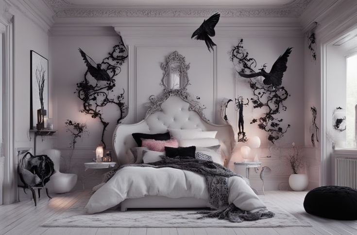 a bedroom with white furniture and black decorations on the walls, along with an ornate headboard