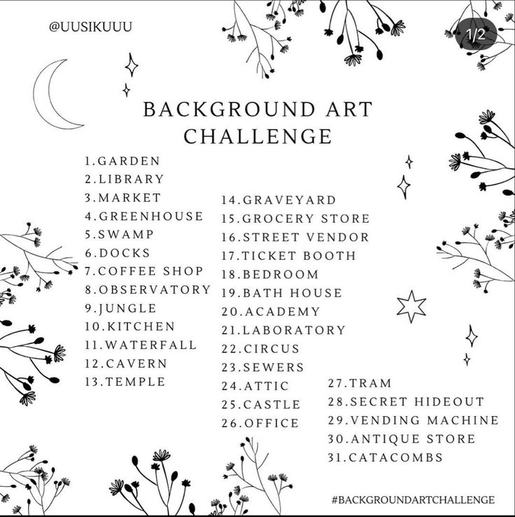 the back ground art challenge poster with flowers and stars in black and white, on a white background