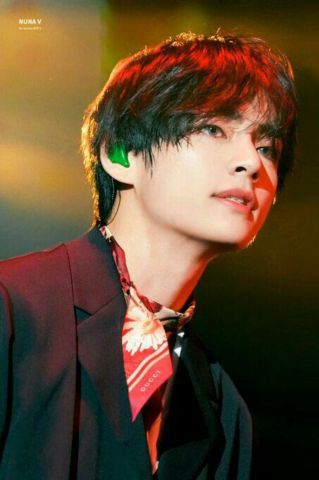 a young man with black hair wearing a red and green tie, looking off to the side