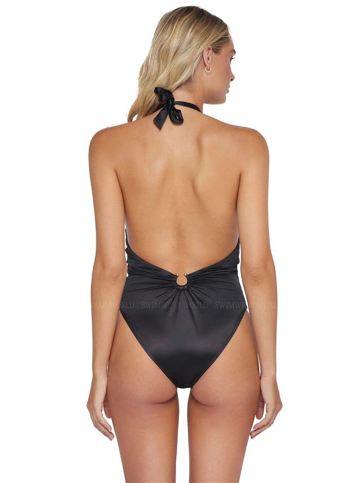 Make a bold statement with our halter one-piece swimsuit with deep plunging neck-line. Inspired by the midnight, this black one-piece features a uniquely textured fabric and 24k gold-plated accessory that adds luxurious sparkle to this style. Includes removable padding.
 Size: S, M, L Glamorous Backless Swimwear For The Beach, Chic Triangle Top Swimwear For Evening, Glamorous Backless Beach Swimwear, Elegant Black Triangle Top Swimwear, Elegant Gold Swimwear For Poolside, Chic Gold Halter Neck Swimwear, Luxury Black One-piece Swimwear, Elegant Backless Swimwear For Night Out, Elegant Backless Black Swimwear