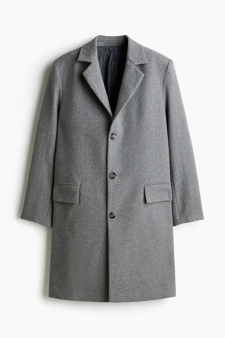 Single-breasted coat in a felted wool blend. Notched lapels and buttons at front. Front pockets with flap  welt inner pockets  and vent at back. Lined. Single Button Wool Coat With Lapel Collar For Business, Winter Business Wool Coat With Single Button, Gray Wool Notch Lapel Coat For Business, Gray Notch Lapel Wool Coat For Business, Casual Single-breasted Outerwear With Notched Lapel, Gray Wool Outerwear With Concealed Placket, Casual Single Breasted Notched Outerwear, Casual Single-breasted Notched Outerwear, Gray Outerwear With Concealed Placket For Work