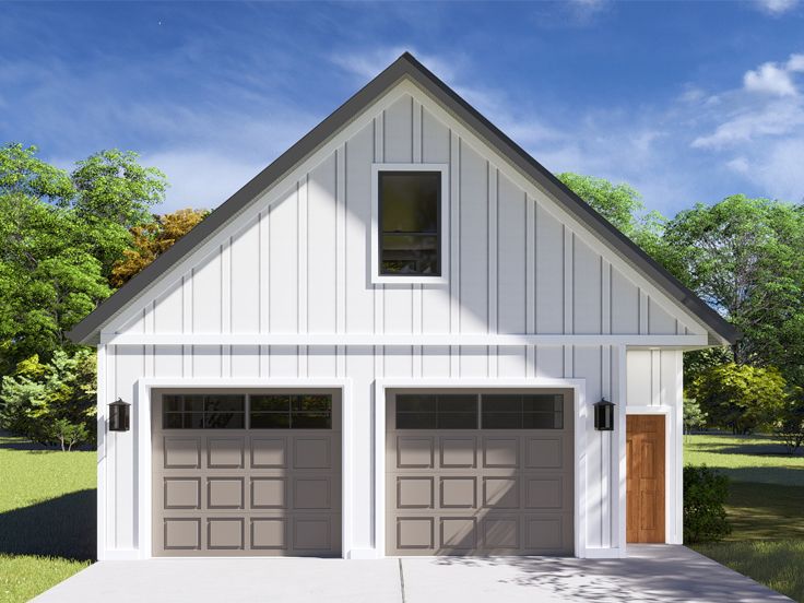 two garages are shown in front of a white house