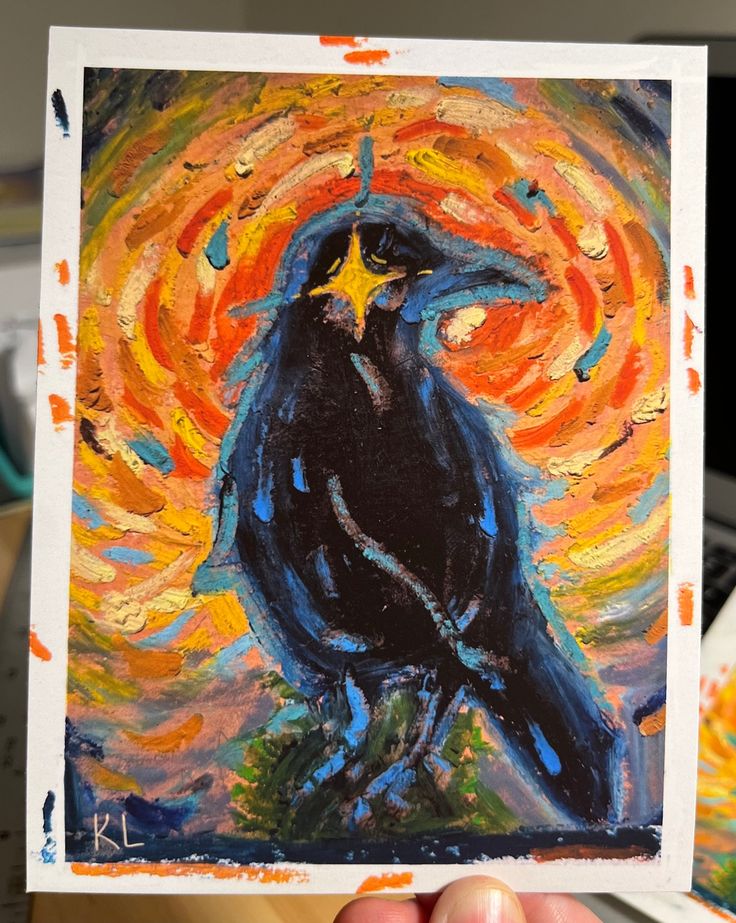 5.75"x4.5" digital print of my original oil pastel drawing. Sketch With Oil Pastel, Crow Oil Pastel, Space Drawing Oil Pastel, Art Block Painting Ideas, Oil Pastel Pop Art, Impressionism Digital Art, Oil Pastel Dinosaur, Abstract Art With Oil Pastels, Weird Oil Pastel Art