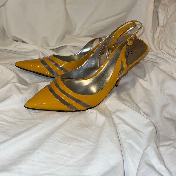 Yellow Patent Heels Brand New Vintage I Don't Think You'll Find Them Anywhere! Formal Patent Leather Open Heel Kitten Heels, Formal Open Heel Patent Leather Kitten Heels, Yellow Pointed Toe Slingback Pumps For Evening, Elegant Yellow Slingback Pumps With Pointed Toe, Yellow Closed Toe Heels For Formal Occasions, Yellow Patent Leather Heels For Evening, Formal Yellow Heels With 4-inch Heel, Yellow Patent Leather Party Heels, Yellow Open Toe Slingback Pumps For Party