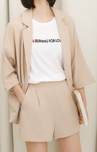 $49.90 - Beautiful beige two piece formal suit blazer and shorts loose fitted. For women and ladies. Chic Beige Skirt Suit, Elegant Spring Sets For Day Out, Elegant Spring Day Out Sets, Beige Skirt Suit For Spring Workwear, Chic Long Sleeve Summer Skirt Suit, Beige Sets With Pockets For Spring, Beige Spring Sets With Pockets, Chic Beige Blazer For Summer, Chic Skirt Suit For Spring Office Wear