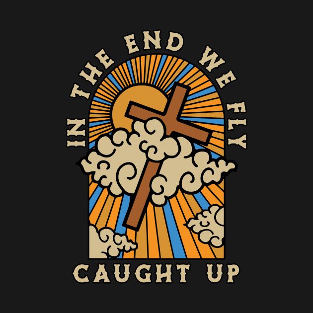 the end is nigh up logo with clouds and a cross on top of it