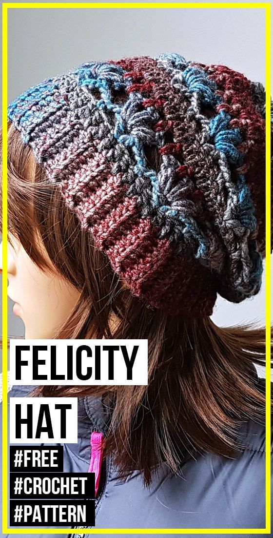 a woman wearing a crochet hat with the words felicity hat on it