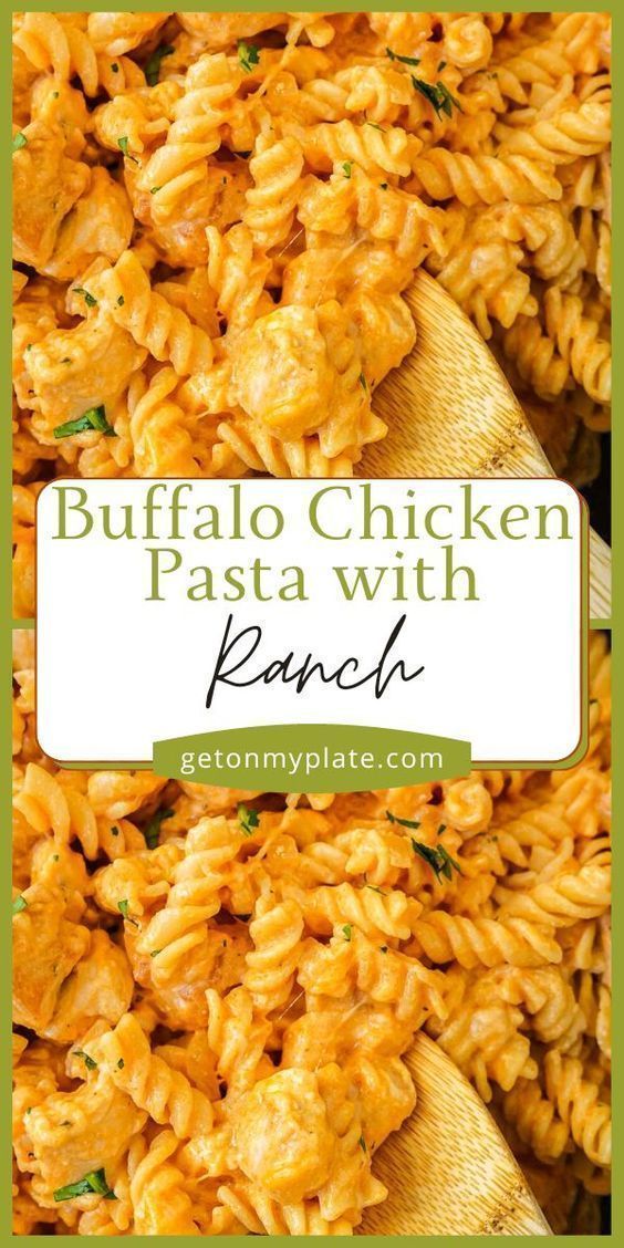 buffalo chicken pasta with ranch in a pan