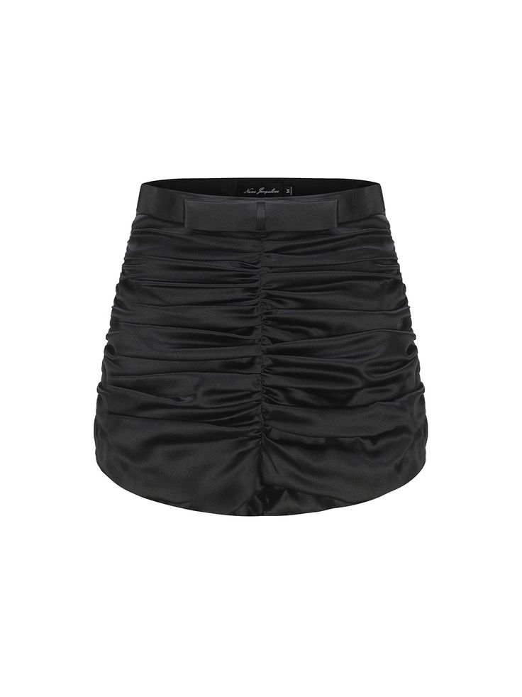 Introducing The Emilia Shorts: a testament to elegance and style. These shorts are crafted from luxe satin fabrics that perfectly mould to accentuate your curves.   The waist is adorned with a delicate bow positioned at the center of the belt, adding playful touch.   The unique wrinkle design of these shorts adds depth and texture to the simple tailoring, creating a dynamic visual impact that exudes vivacity and charm with every stride.   High waist design   Features a delicate bow   Dry clean o Satin Bottoms For Summer Date Night, Satin Bottoms For Date Night In Summer, Elegant Shorts With Elastic Waistband, Black Satin Summer Bottoms, Mini Skirt With Belt Loops For Night Out, Elegant Belted Evening Bottoms, Fitted Satin Short Length Bottoms, Elegant Satin Bottoms For Date Night, Black High-waisted Shorts For Formal Occasions