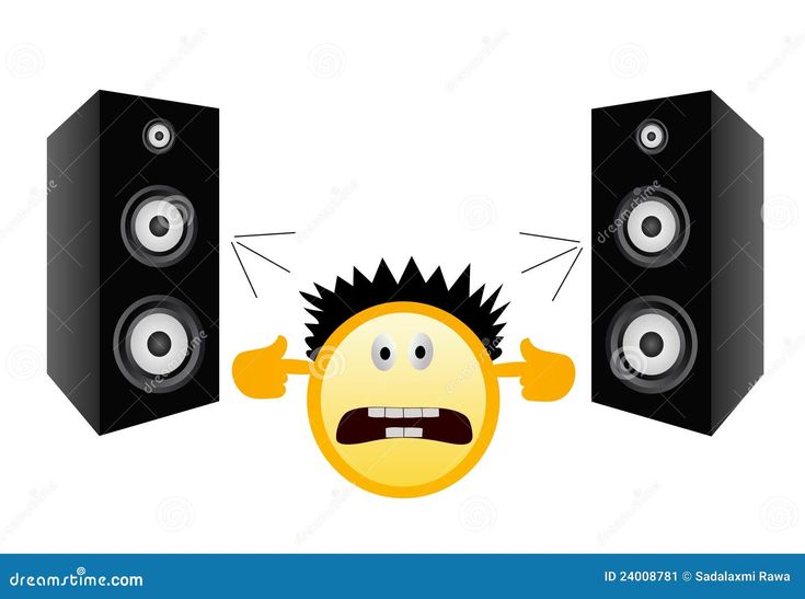 an emoticive cartoon character with two speakers behind him