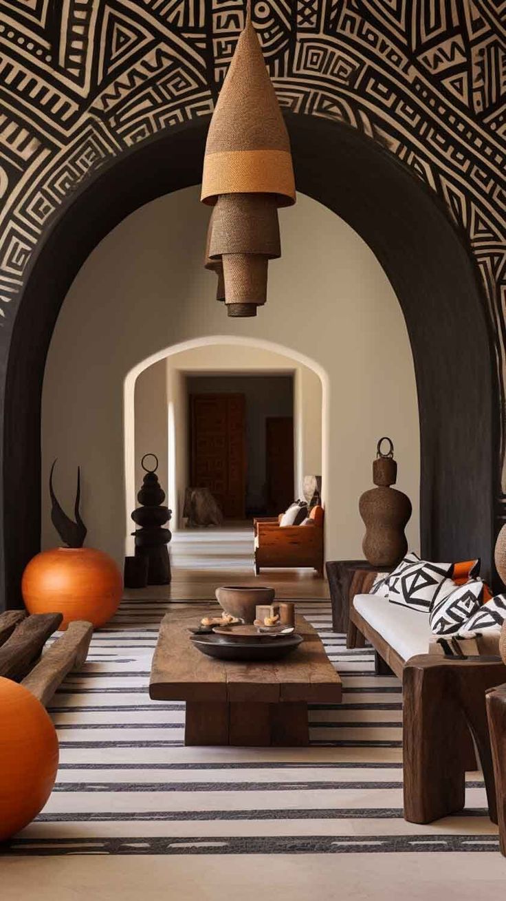 a living room filled with lots of furniture and large orange balls hanging from the ceiling