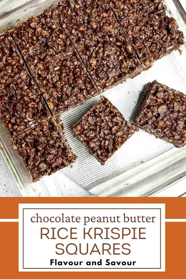 chocolate peanut butter rice krispie squares are on a baking sheet with text overlay